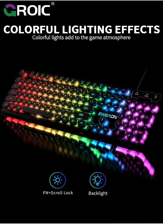 Mechanical Feel Gaming Keyboard, Wired with LED Rainbow Backlit Computer Keyboard for Windows PC Gamers, Light Up Mac