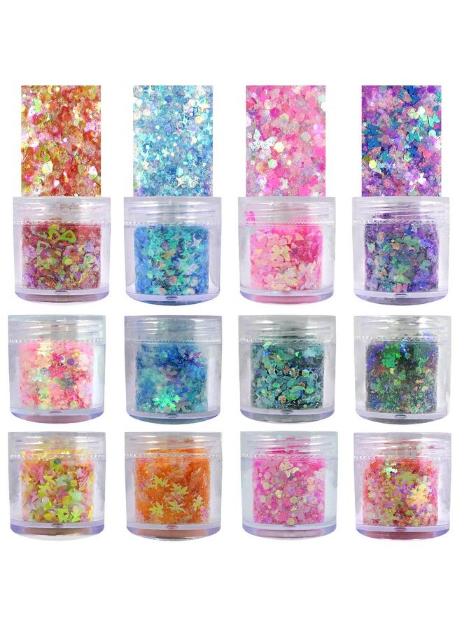 12 Colors Aurora Nail Glitter Flakes Iridescent Stars Heart Butterfly Flower Shaped Sequins Confetti Resin Accessories Sticker Acrylic Powder Decor For Nails, Crafts, Resin, Makeup