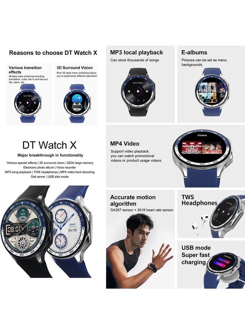 Men's Bluetooth Smartwatch, 1.43 Inch Full Screen Touch, Long Standby, Multiple Sports Modes, Heart Rate And Sleep Monitoring, Multi Language Selection, Silver Steel Strap DT Watch X