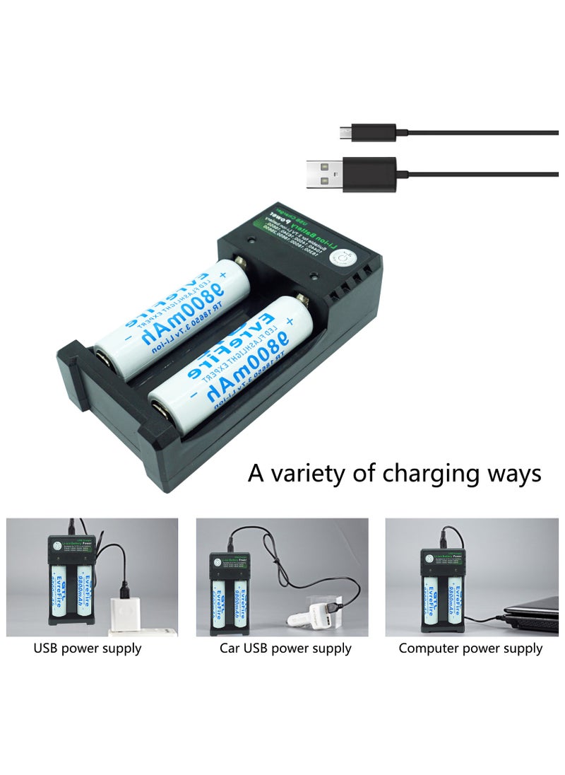 9800mAh 18650 Battery with 2 bay Charger for Rechargeable Batteries 3.7V Li-ion TR IMR 18650 14500 16340(RCR123) Red/Green Display, USB Intelligent Universal Rechargeable Battery Charger