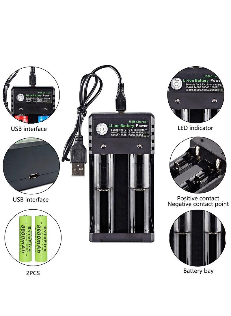 8800mAh 18650 Battery and 2-Bay Charger Speedy Smart Lithium Charger for 3.7V Rechargeable Batteries Li-ion IMR 10440 14500 16340 18650 RCR123A CR2 Batteries