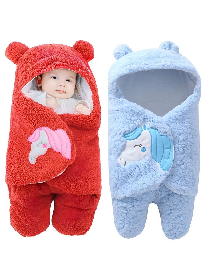 Baby Blankets New Born Combo Of Hooded Wrapper Cum Baby Sleeping Bag,(3-6 Months) Red & Sky Blue, Pack Of 2
