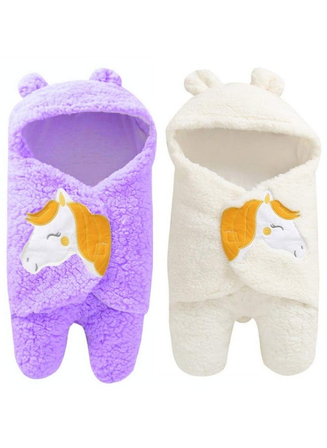 Newborn Baby'S Hooded Blanket Cum Sleeping Bag Combo Of 2, White, Purple