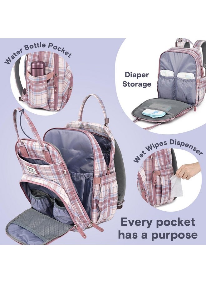 Diaper Bag Backpack - Multifunction Waterproof Travel Backpack, Maternity Baby Bag With Changing Pad & Stroller Ring & Pacifier Case, Pink Plaid