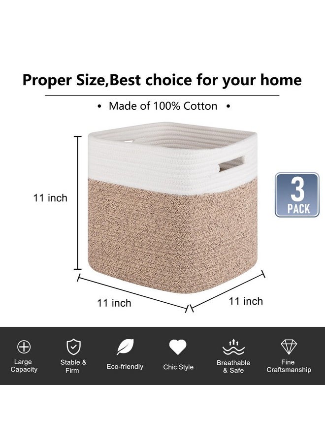 Cube Storage Basket, 3-Pack Woven Cotton Rope Baskets For Storage, 11-Inch Cube Basket With Handles, Great For Shelves, Closets, Children'S Toy Storage And Organization-White & Brown