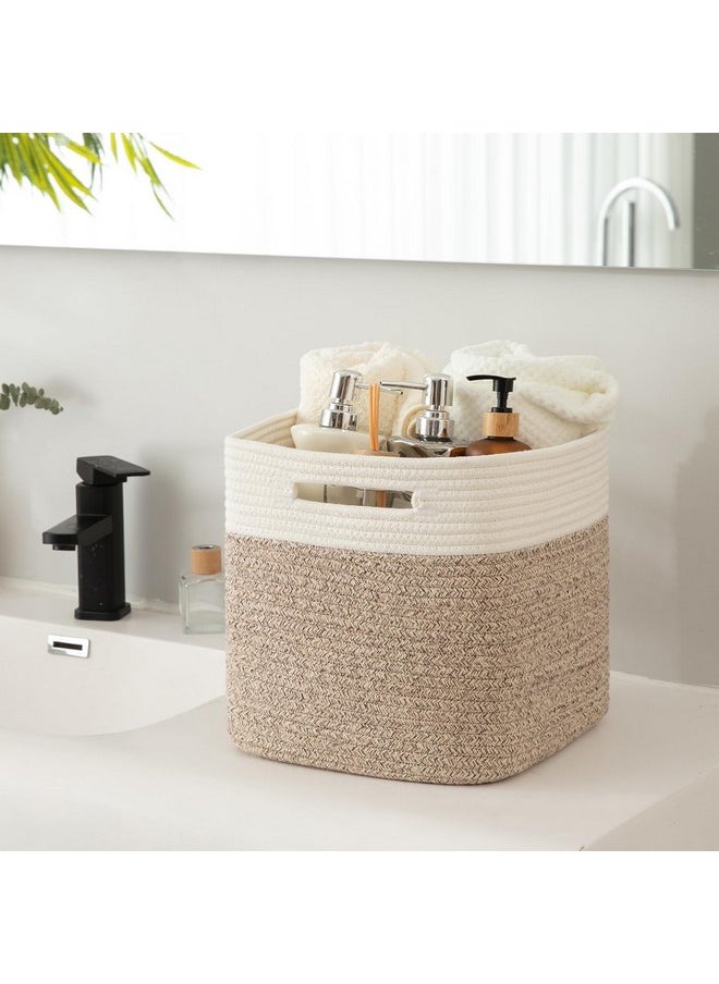 Cube Storage Basket, 3-Pack Woven Cotton Rope Baskets For Storage, 11-Inch Cube Basket With Handles, Great For Shelves, Closets, Children'S Toy Storage And Organization-White & Brown