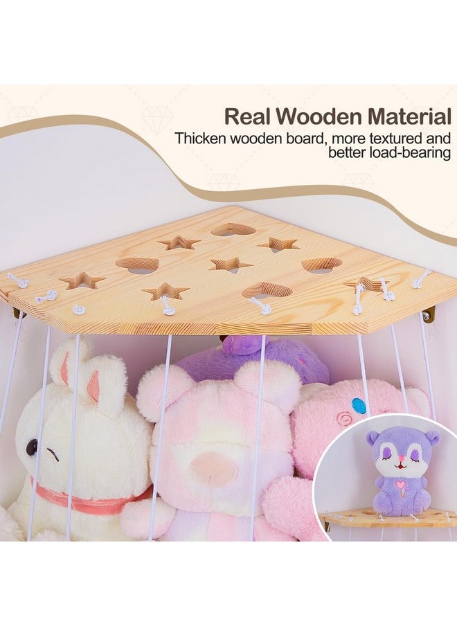 Stuffed Animals Storage Organizer With Led Light Corner Hanging Stuffed Animals Zoo Cage With Adjustable Height Wood Nursery Plushie Toys Storage For Kids Playroom Bedroom Wall Decor, White