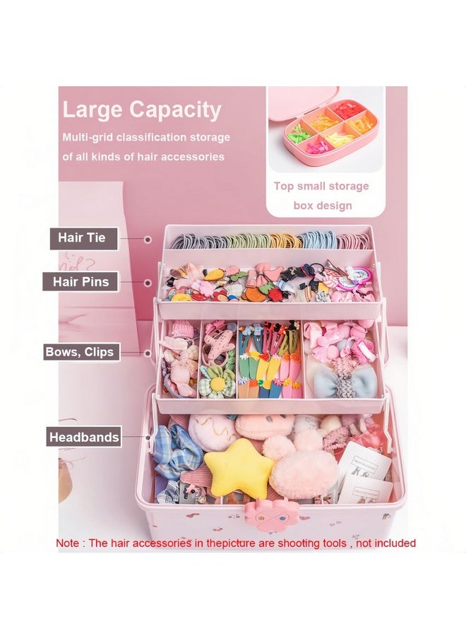 Hair Accessories Organizer For Girls Headbands, Clips, Ties Baby Girl Supplies, Lockable Three-Layer Folding Craft Organizers And Storage Plastic Jewelry Box, 11.4X6.3X6.3In