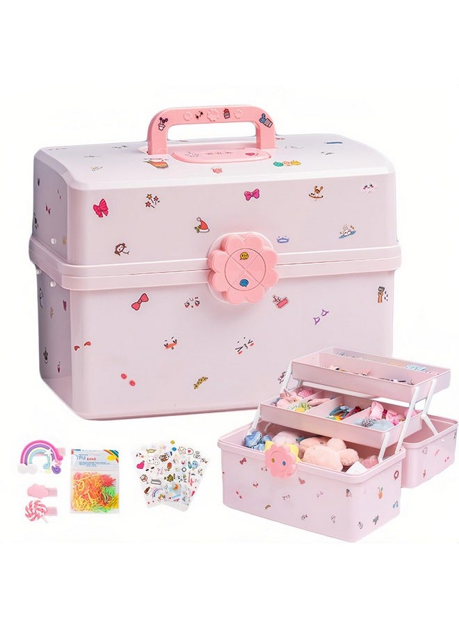 Hair Accessories Organizer For Girls Headbands, Clips, Ties Baby Girl Supplies, Lockable Three-Layer Folding Craft Organizers And Storage Plastic Jewelry Box, 11.4X6.3X6.3In