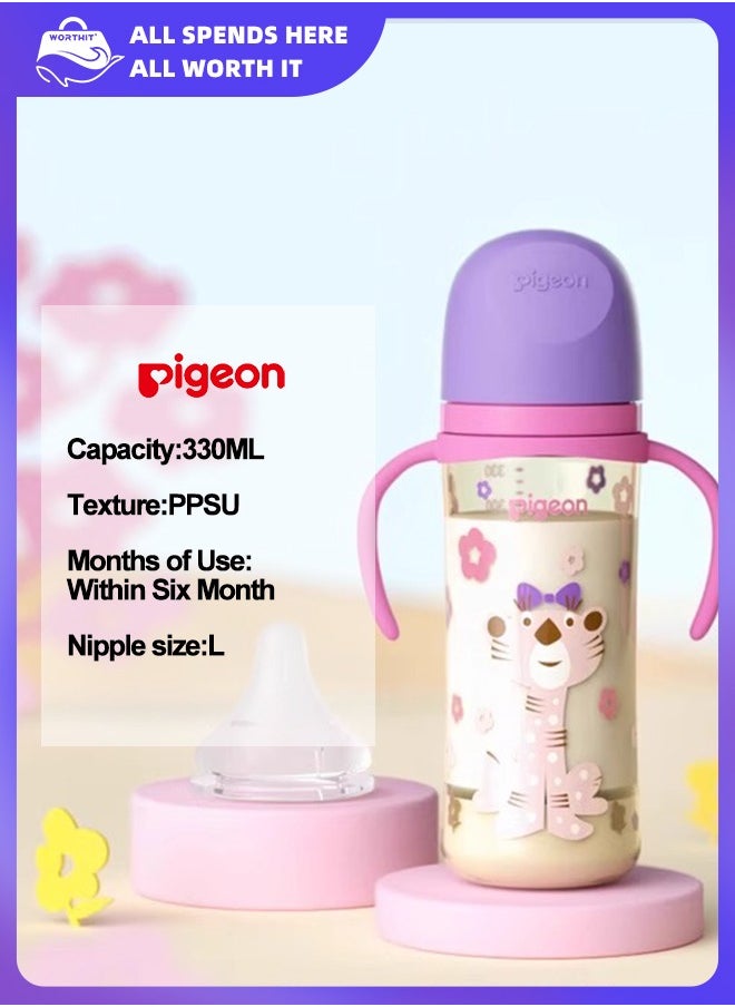 Wide-mouthed baby bottle made of PPSU material with painted patterns and double handles