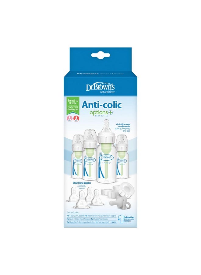 Anti-Colic Breast To Bottle Feeding Set With Slow Flow Nipples, Travel Caps, And Silicone Pacifier - Gray