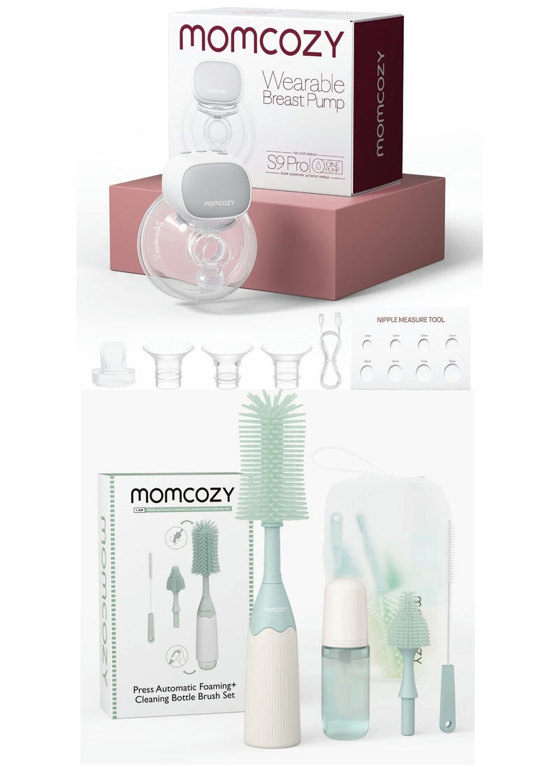 Hands-Free Breast Pump S9 Pro Updated, Wearable Breast Pump of Longer Battery Life & LED Display, Double Portable Electric Breast Pump with 2 Modes and 9 Levels & Bottle Brush Kit, Innovative Push-Press Design for Better Cleaning - Baby Bottle Cleaner Brush for Baby Bottle, Breast Pumps, Nipples, and More - Can Generate Foam for Better Cleaning