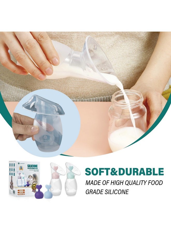 Manual Breast Pump | Gen 2 Food Grade Silicone Collector For Breastfeeding Nursing Mom With 4 Milk Stoppers | Must Haves Registry Essentials For Newborn, Infant, Baby | 4 Oz (Blue + Pink)