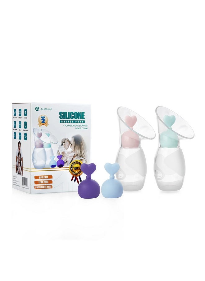 Manual Breast Pump | Gen 2 Food Grade Silicone Collector For Breastfeeding Nursing Mom With 4 Milk Stoppers | Must Haves Registry Essentials For Newborn, Infant, Baby | 4 Oz (Blue + Pink)