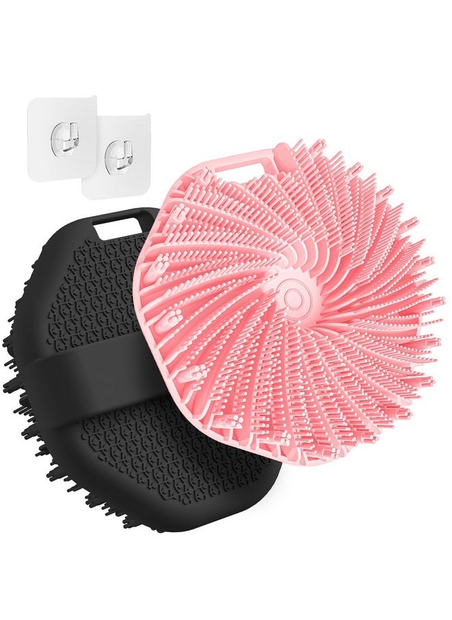 2 Pcs Silicone Body Scrubber Shower Brush, Upgrade Super-Exfoliating Shower Scrubber With Non-Slip Hand Strap, Silicone Body Buffer For Use In Shower (Black+Pink)