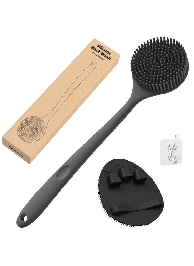 Silicone Back Scrubber(Thick Bristles) & Soft Bath Glove Set, Super-Exfoliating Body Scrubber & Super-Lathering Shower Brush Combination, With A Free Hook.(Black)