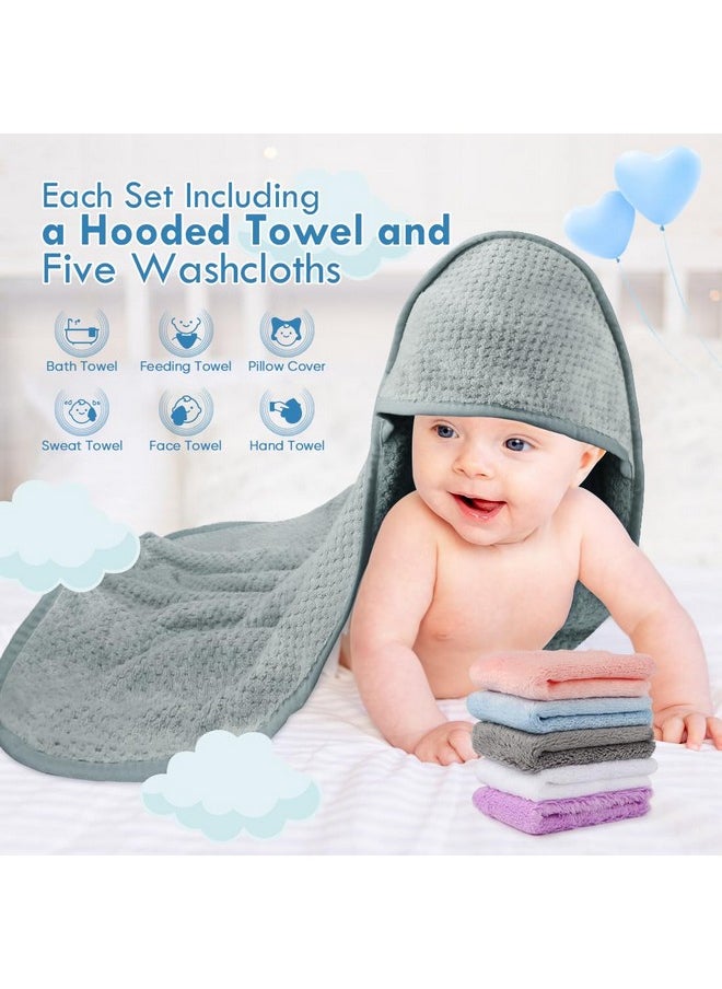 Baby Hooded Towel With Five Washcloths, 28 X 28 Inch Super Soft Bath Towel With Hood For Babies, Infant, Newborn Essential - Ideal Baby Stuff Registry For Boys And Girls (Grey)