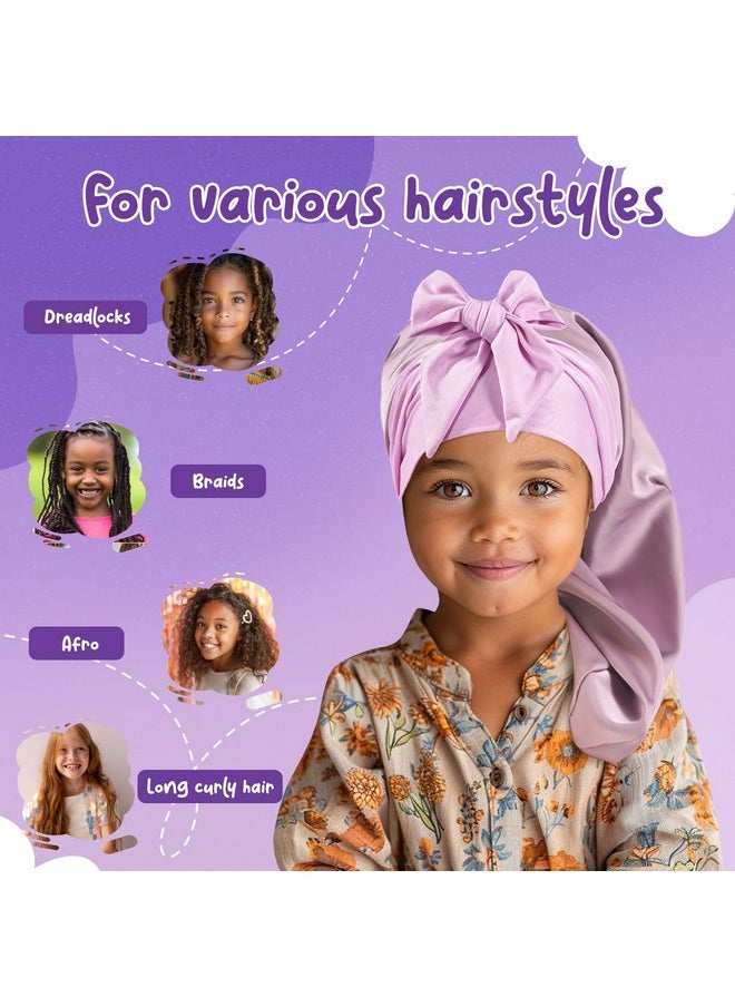 Kids Bonnets For Girls, Long Silk Bonnet For Sleeping Kids Satin Bonnet Cap With Tie Band For Dreadlocks Braid Afro Curly Hair -2 Pcs, Laser & Purple