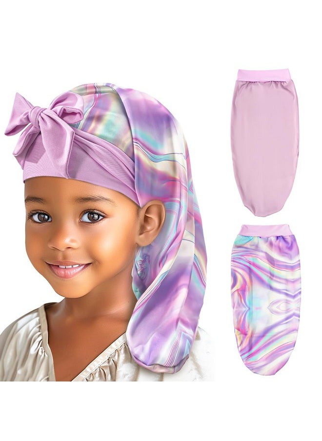 Kids Bonnets For Girls, Long Silk Bonnet For Sleeping Kids Satin Bonnet Cap With Tie Band For Dreadlocks Braid Afro Curly Hair -2 Pcs, Laser & Purple