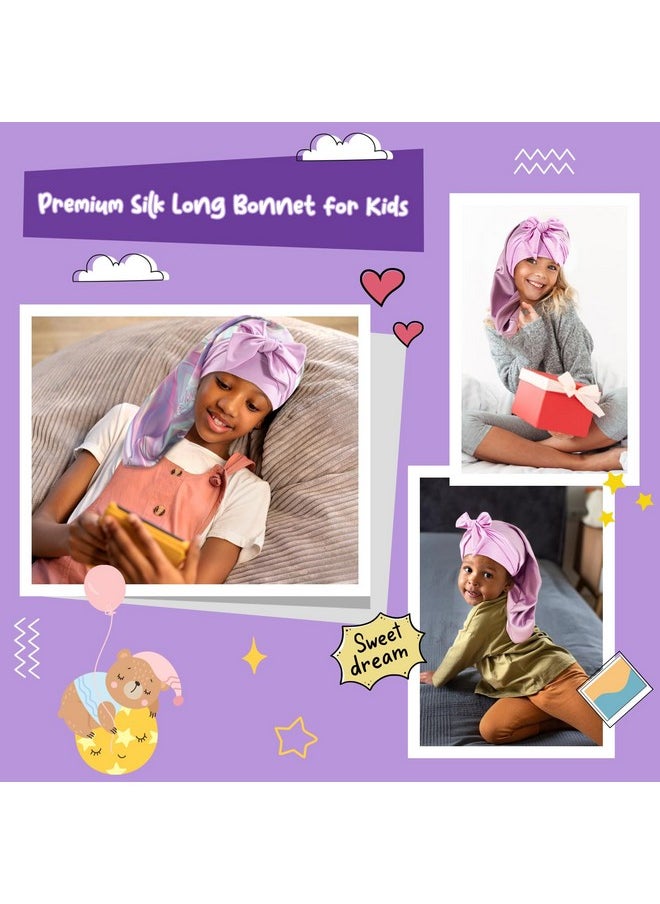 Kids Bonnets For Girls, Long Silk Bonnet For Sleeping Kids Satin Bonnet Cap With Tie Band For Dreadlocks Braid Afro Curly Hair -2 Pcs, Laser & Purple