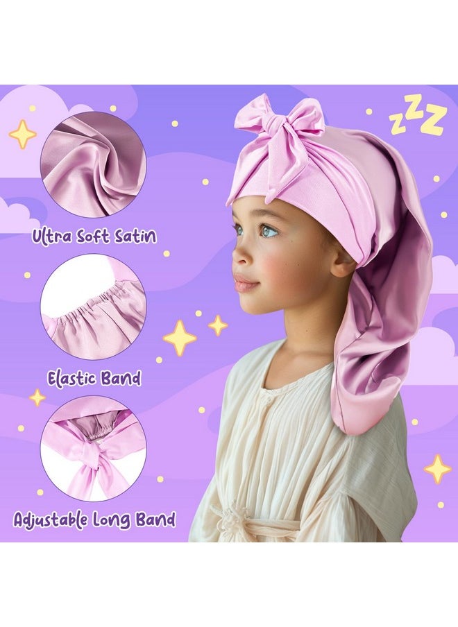 Kids Bonnets For Girls, Long Silk Bonnet For Sleeping Kids Satin Bonnet Cap With Tie Band For Dreadlocks Braid Afro Curly Hair -2 Pcs, Laser & Purple