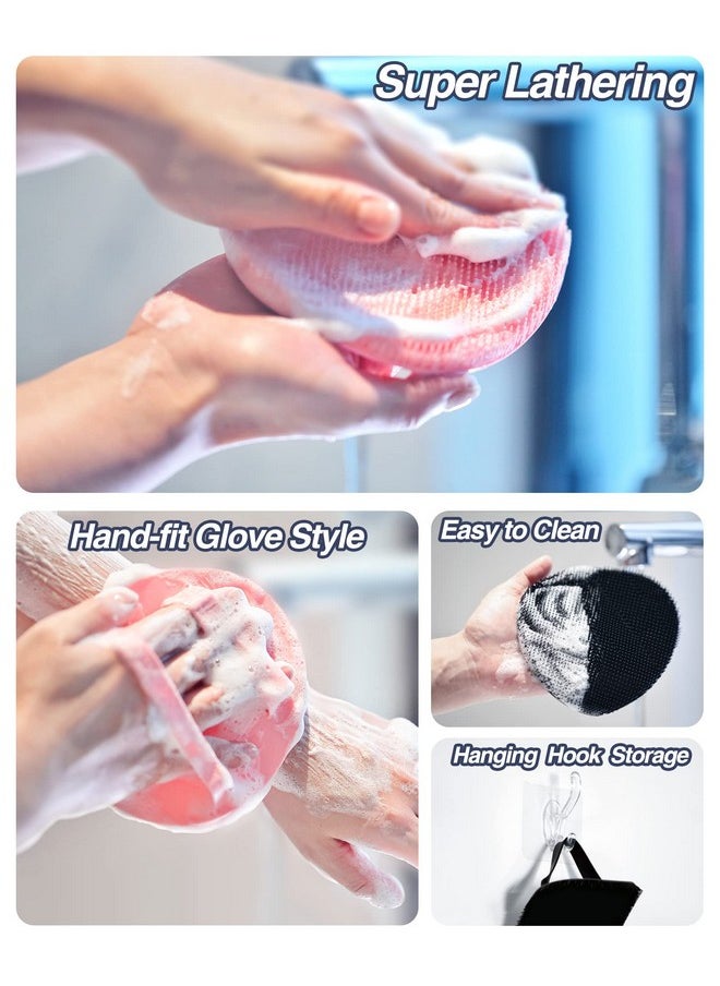 Silicone Back Scrubber(Thin Bristles) & Soft Bath Glove Set, Super-Cleaning Body Scrubber & Super-Lathering Shower Brush Combination, With A Free Hook. (Black)