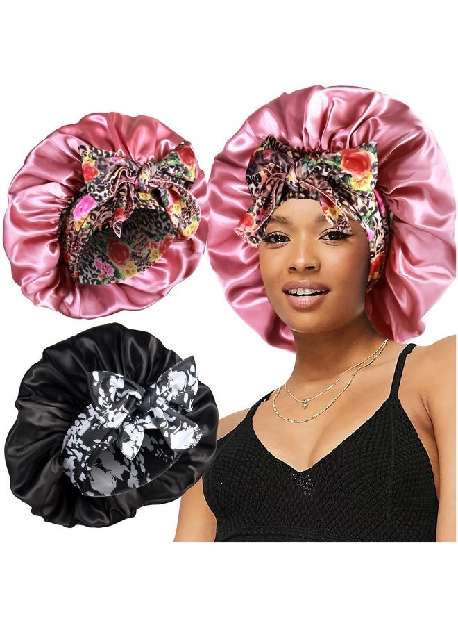 2Pcs Large Silky Bonnets With Tie Band Braid Bonnet, Satin Bonnet For Sleeping Curly Hair, A