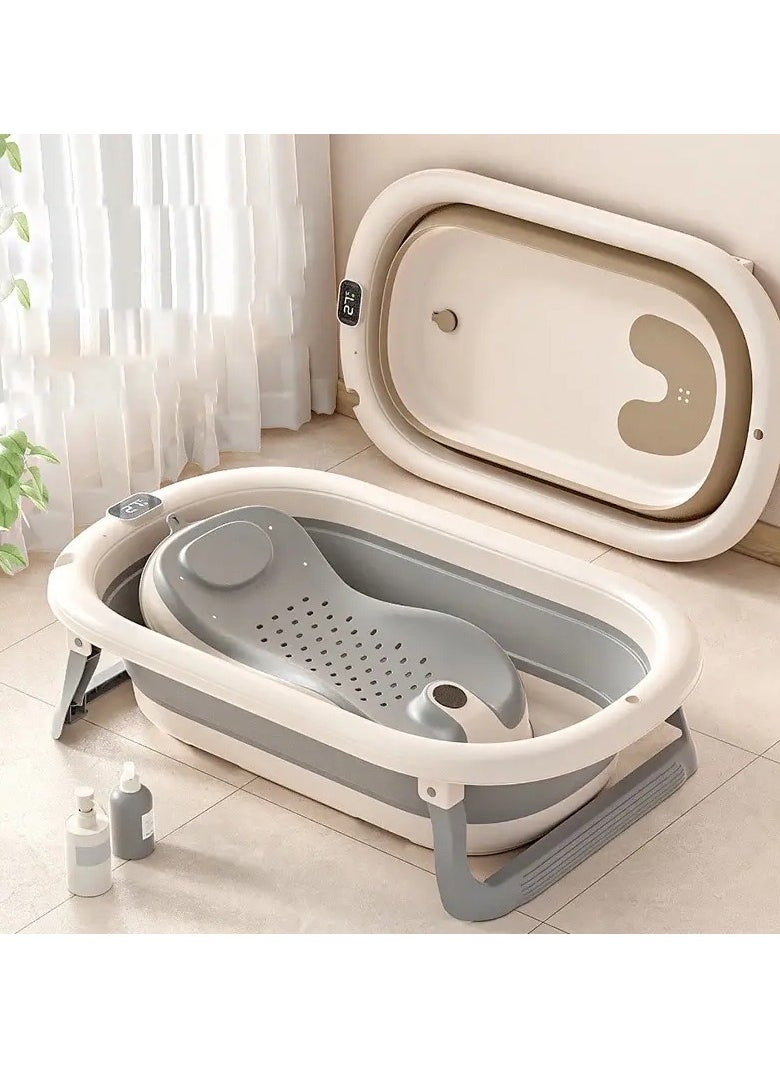 Baby Foldable Bath Tub with Bathmat Cushion & Thermometer, Portable Baby Bathtub with Drain Hole, Shower Basin with Non-Slip Support Leg