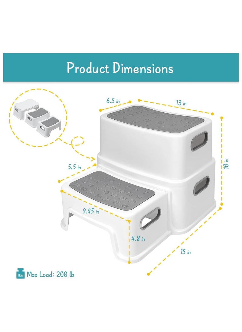 Toddler Step Stool for Bathroom Sink, 2 Step Stool for Kids Toilet Potty Training, Non-Slip Toddlers Baby Child Kid Plastic Poop Stools with Handle for Kitchen Counter Bed (Grey)