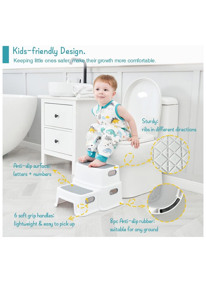 Toddler Step Stool for Bathroom Sink, 2 Step Stool for Kids Toilet Potty Training, Non-Slip Toddlers Baby Child Kid Plastic Poop Stools with Handle for Kitchen Counter Bed (Grey)