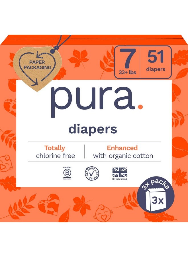 Size 7 Eco-Friendly Diapers (33+Lbs) Totally Chlorine Free (Tcf) Hypoallergenic, Soft Organic Cotton, Sustainable, Up To 12 Hours Leak Protection, Allergy Uk, 3 Packs Of 17 (51 Diapers)