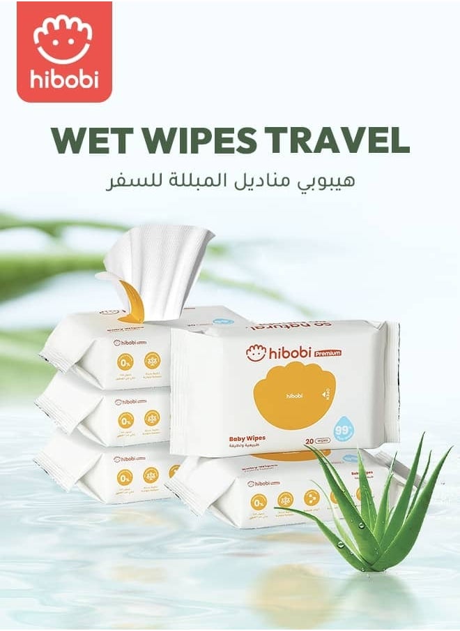 Wet Wipes Small Pack Travel, 99% Pure Water, Soft & Thick Unscented Wipes for Sensitive Skin, Travel Pack, 20 Wipes, 5 Packs