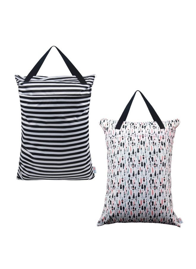2 Pack Large Wet Dry Bag Waterproof Hanging Cloth Diaper With Double Zippered Pockets 25X18 Inches (Feather & Stripe)