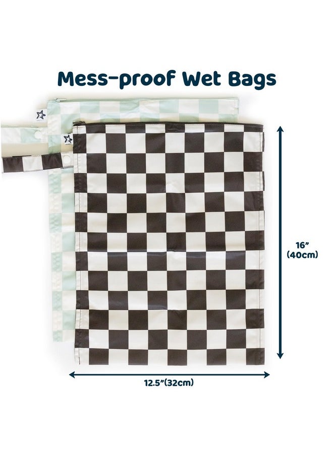 Mess-Proof Wet Bags 2 Pack Waterproof And Washable Bag For Travel Storage, Stroller, Daycare, Baby Diapers, Yoga, Beach, Pool, Wet Toddler Swimsuits (Black, Green Checkers)