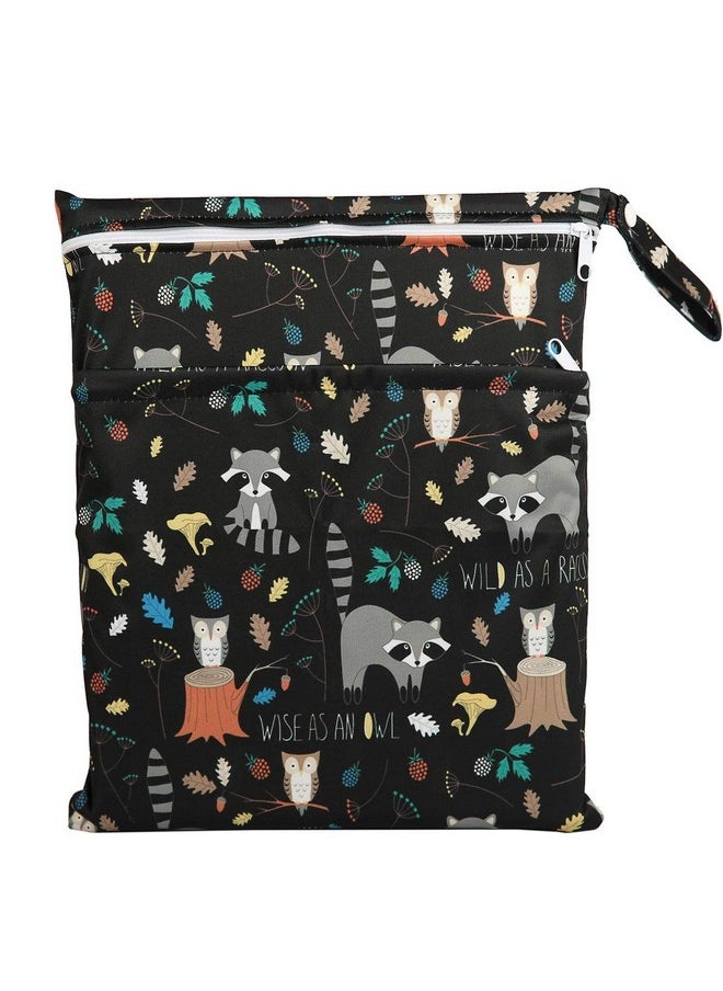 Wet Bag Baby Cloth Diaper Nappy Bag Reusable Washable With Two Zippered Pockets (Animal Racoon)