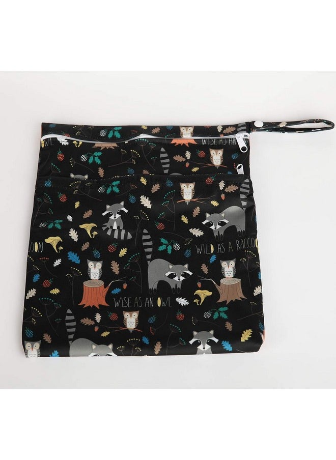 Wet Bag Baby Cloth Diaper Nappy Bag Reusable Washable With Two Zippered Pockets (Animal Racoon)