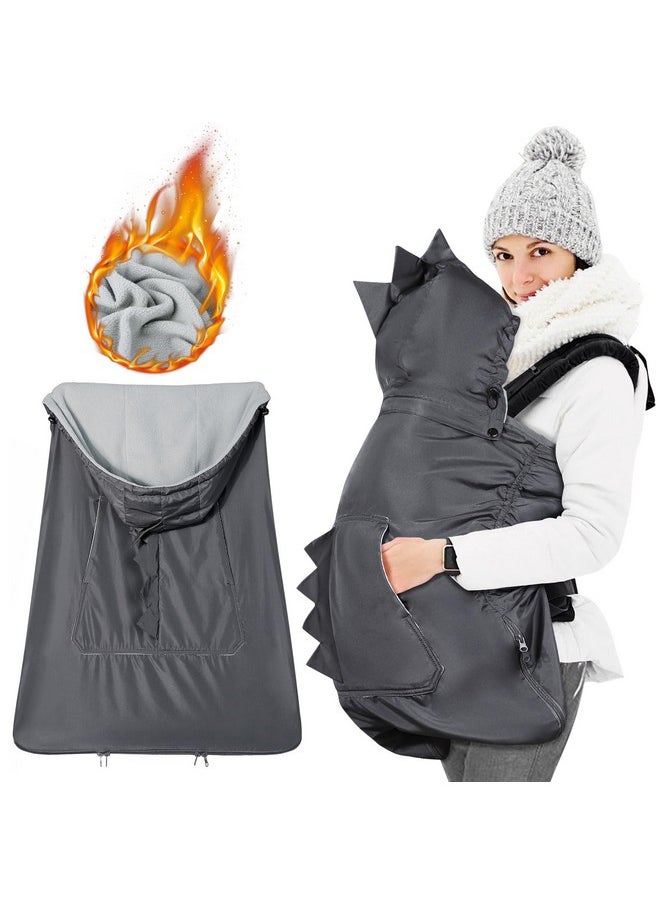 Baby Winter Carrier Cover With Detachable Hood, Waterproof & Windproof, With Big Pockets, Universal For Baby Carriers And Baby Waist Stool|With Storage Bag, Dark Grey Dinosaur