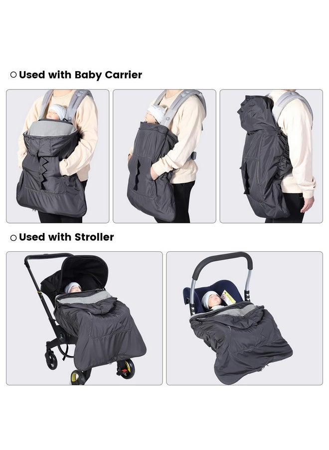 Baby Winter Carrier Cover With Detachable Hood, Waterproof & Windproof, With Big Pockets, Universal For Baby Carriers And Baby Waist Stool|With Storage Bag, Dark Grey Dinosaur