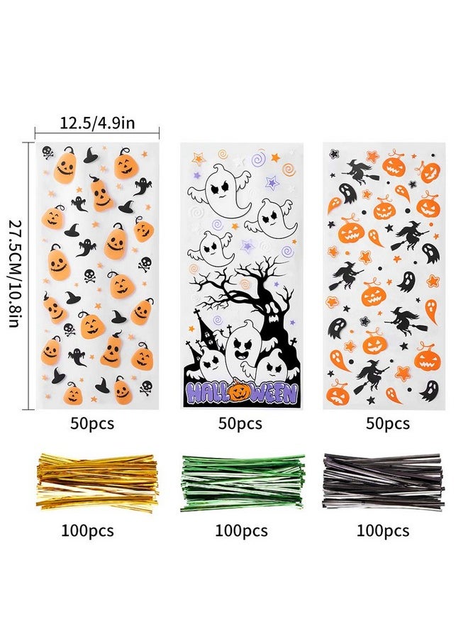 Halloween Cellophane Treat Bags, 150Pcs Halloween Plastic Clear Candy Bags With 300Pcs Twists For Snacks Cookies Packing