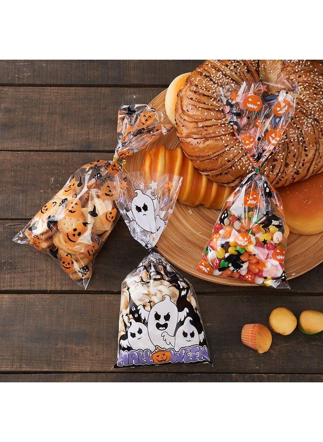 Halloween Cellophane Treat Bags, 150Pcs Halloween Plastic Clear Candy Bags With 300Pcs Twists For Snacks Cookies Packing
