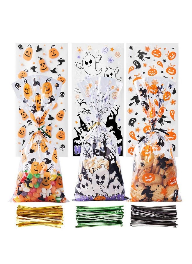 Halloween Cellophane Treat Bags, 150Pcs Halloween Plastic Clear Candy Bags With 300Pcs Twists For Snacks Cookies Packing