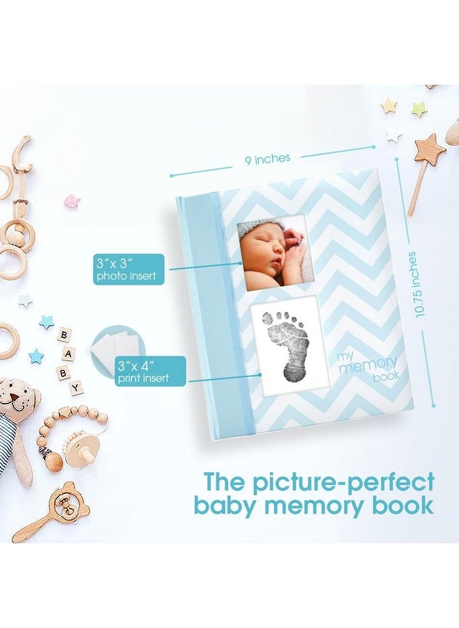 Baby Memory Book, First 5 Years Baby Milestone Book, Pregnancy Journal, Holiday Gift, Gender Neutral Newborn Keepsake, With Clean-Touch Ink Pad For Baby'S Handprint Or Footprint, Blue Chevron