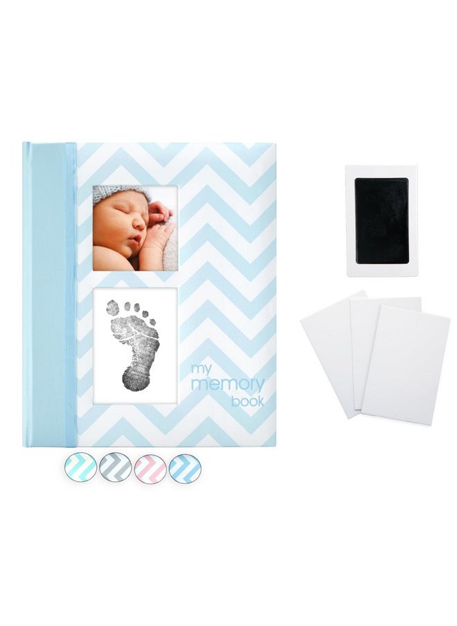 Baby Memory Book, First 5 Years Baby Milestone Book, Pregnancy Journal, Holiday Gift, Gender Neutral Newborn Keepsake, With Clean-Touch Ink Pad For Baby'S Handprint Or Footprint, Blue Chevron