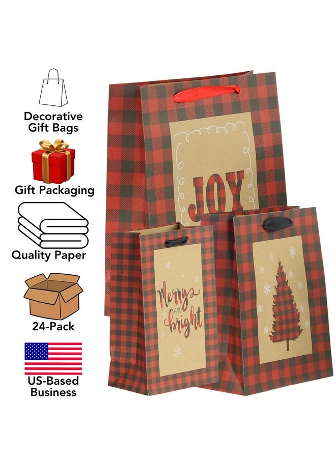 Red Buffalo Plaid Gift Bags - Pack Of 24 In 3 Sizes - Ideal For Festive Gifting