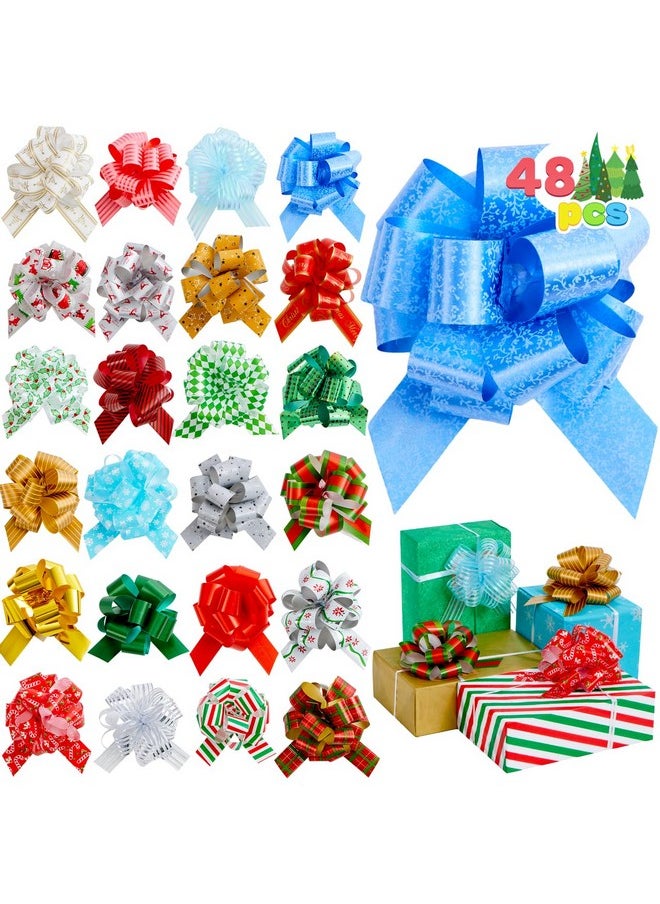 48 Pcs Christmas Pull Bows With Ribbon 5” Wide For Gift Wrapping & Gift Tags, Boxing Day Decorations, Holiday Décor Present Wrapping