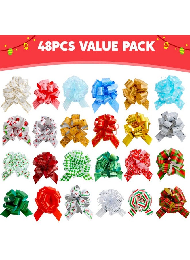 48 Pcs Christmas Pull Bows With Ribbon 5” Wide For Gift Wrapping & Gift Tags, Boxing Day Decorations, Holiday Décor Present Wrapping