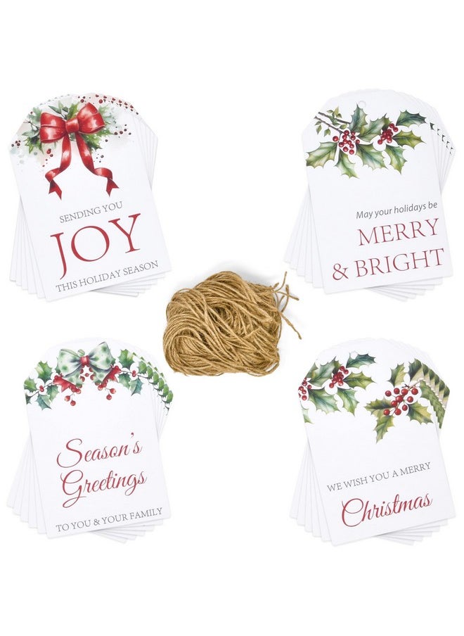 100 Count Christmas Gift Tags With Ribbon Tie Strings 4 Design Greenery Personalized Name Tag Labels Write To & From For Gifts Bags Wrapping Presents