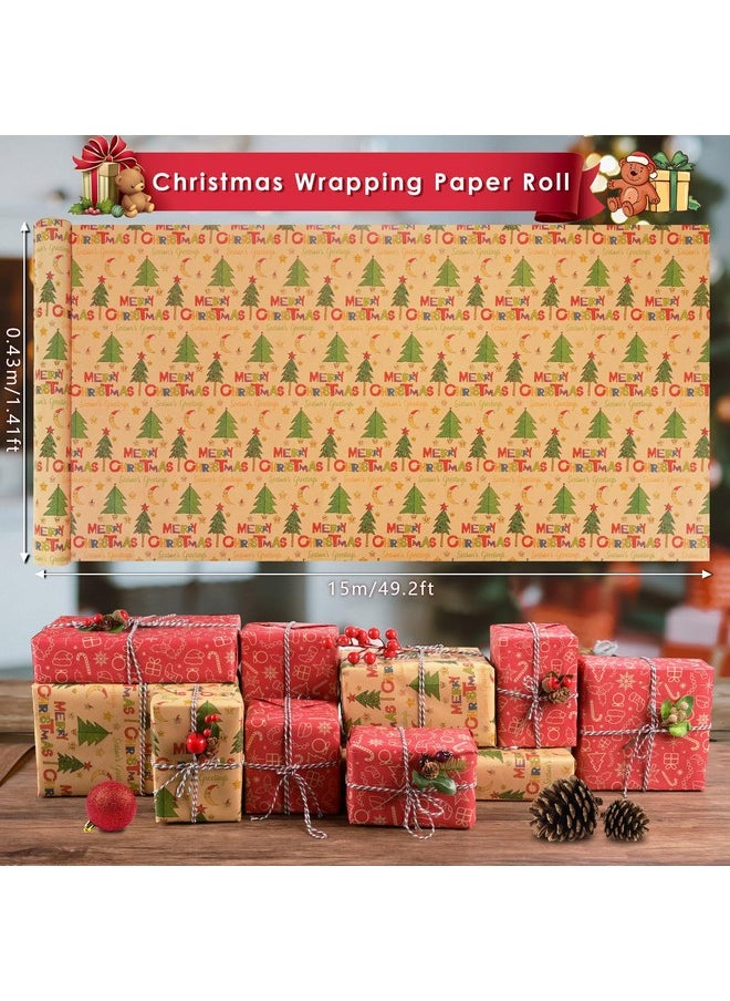 2 Rolls Christmas Wrapping Paper - 17 Inch × 49.2 Ft Per Roll, Recyclable Red Kraft Xmas Wrapping Paper For Christmas Gift Box Decoration