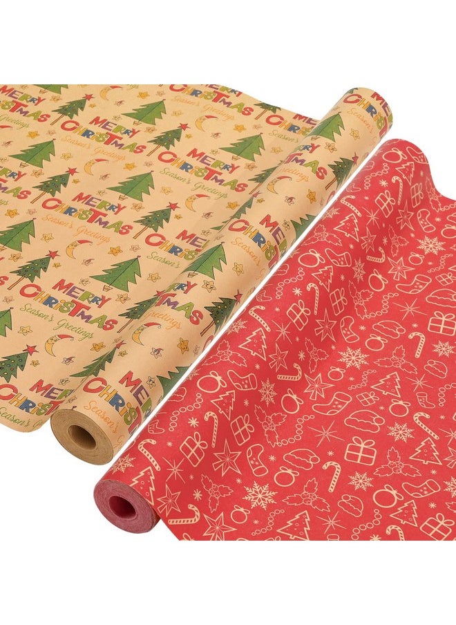 2 Rolls Christmas Wrapping Paper - 17 Inch × 49.2 Ft Per Roll, Recyclable Red Kraft Xmas Wrapping Paper For Christmas Gift Box Decoration