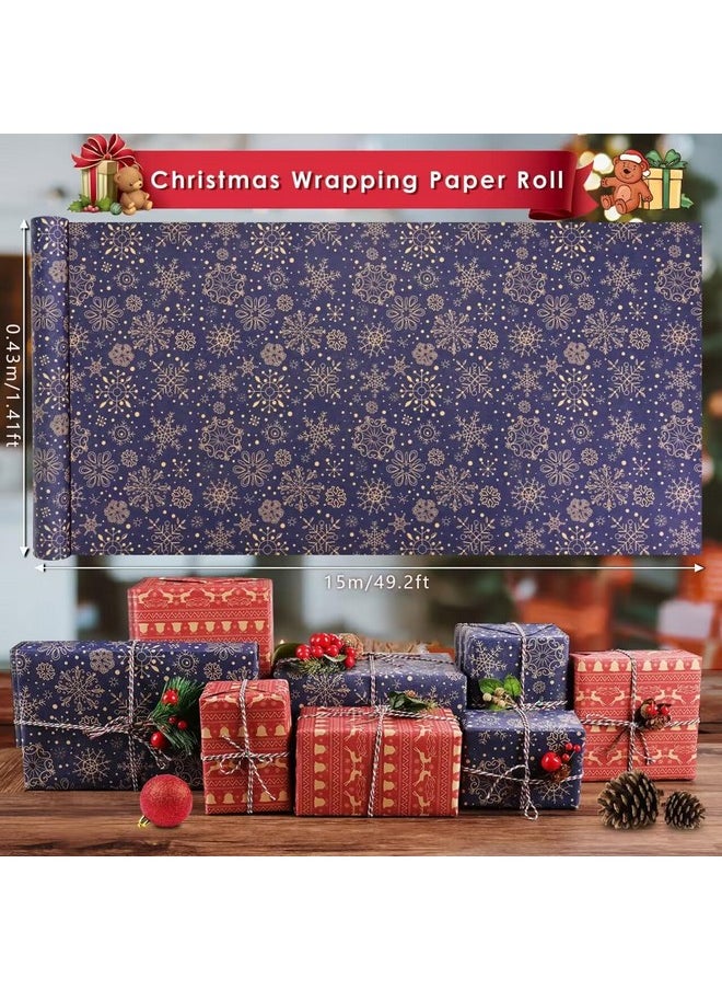 2 Rolls Christmas Wrapping Paper - 17 Inch × 49.2 Feet Per Roll, Recyclable Blue Red Kraft Xmas Wrapping Paper Roll For Christmas Gift Box Birthday Party Decoration -138 Sq. Ft. Ttl